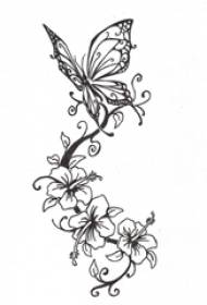 简单的黑色抽象线条植物花朵和蝴蝶纹身手稿