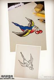 彩色燕子櫻桃紋身手稿圖片