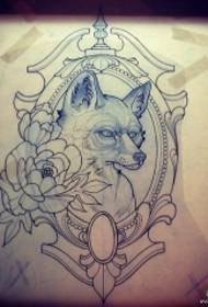 歐美學校牡丹花狐狸紋身圖案手稿