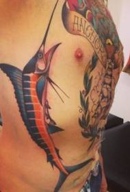 Modello di tatuaggio colorato di pesce spada sul lato della vita maschile
