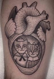 Šlaunies juodos nugruntuotos širdies ir katės poros tatuiruotės modelis