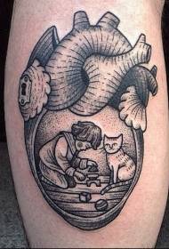 Kalv old school ørsmå svart hjerte med tatoveringsmønster for liten gutt og katt