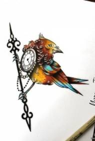 Manuscrit de tatouage de tatouage d'horloge d'oiseau d'école européenne et américaine