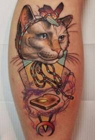 Patrón de tatuaje de gato y tostadora de color de pierna