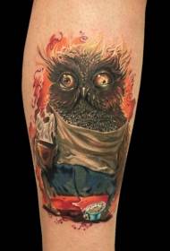 Funny colorful cartoon owl with clock tattoo pattern