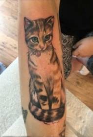 女孩手臂黑色灰色素描可愛站立小貓紋身圖案
