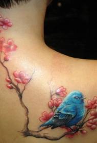 Arm blue bird with red peach tattoo pattern
