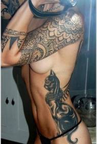 Side rib Egyptian style majestic black cat tattoo pattern