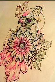 Έγχρωμη γραμμή σχεδίασης πτηνών floral τατουάζ χειρογράφημα εικόνα μοτίβο