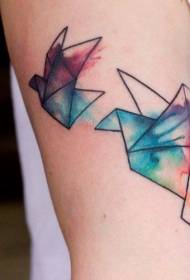 Arm geometric bird with splash ink colored tattoo pattern