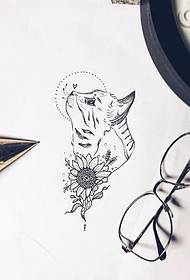 Small fresh cat sun flower tattoo pattern manuscript