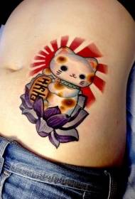 Estilo de ilustración de abdomen de patrón de tatuaje de loto colorido gato haciendo señas