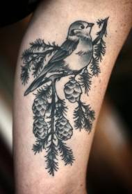 Чорний сірий птах і сосна татуювання візерунок