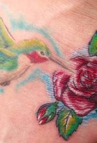 Hummingbirds za rangi na muundo wa tattoo ya rose