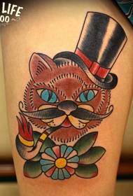 허벅지 구식 컬러 고양이 흡연 양동이 꽃 문신 패턴