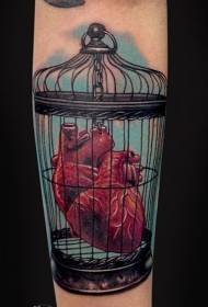 Modello di tatuaggio colorato gabbia per uccelli e cuore