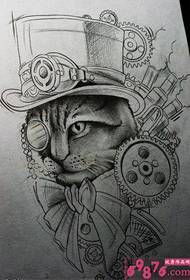 Steampunk stiliaus katės tatuiruotės rankraštinis paveikslėlis
