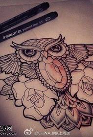 Owl վարդի դաջվածքի գծի գծապատկերային նկարը