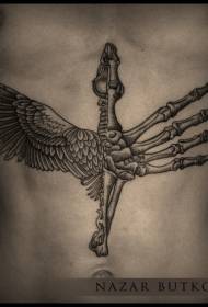 Черная рука скелет с гравировкой на животе с татуировкой крылья