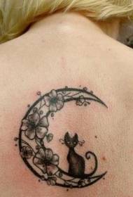 背部猫在月亮上纹身图案
