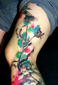 Lår akvarel stil farvede blomstrende blomster med fugl tatovering mønster