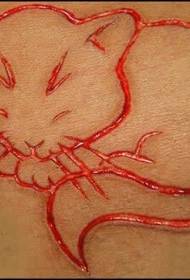 Miela mieganti katė supjaustė mėsos tatuiruotės modelį