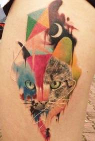 Gatto stile acquerello e modello di tatuaggio geometrico