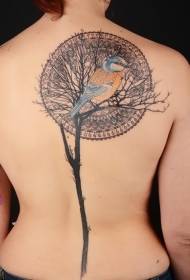 Atgal iliustracijos stiliaus didžiojo medžio paukščio dekoratyvinis tatuiruotės raštas