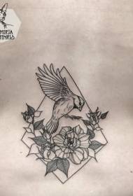 Midje svart fugl med blomster geometrisk tatoveringsmønster