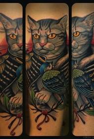 Patrón de tatuaxe de gato e aves de gato de fantasía en cor nova escola
