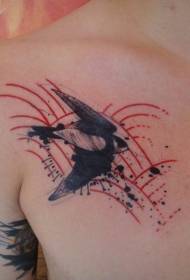 胸部黑色鸟和红色线条纹身图案