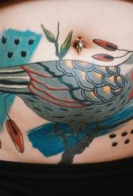 Abdomen colored plants and bird tattoo pattern