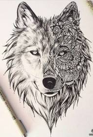 Combinación de flores de cabeza de lobo europea y americana Manuscrito de patrón de tatuaje negro y gris europeo y americano