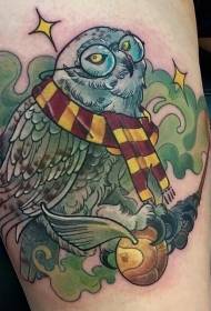 Funny cartoon colored owls and golden balls with wings tattoo pattern