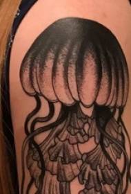ដៃក្មេងស្រីសិស្សសាលានៅលើចំណុចពណ៌សអរូបីសត្វបន្ទាត់រូបសត្វចាហួយត្រី jellyfish