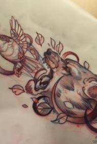 歐美狼頭鳥學校紋身圖案手稿