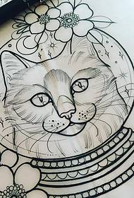 Nuevo manuscrito de línea de patrón de tatuaje de gato de espacio fresco pequeño de escuela