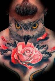 Шиї кольорові червоні троянди і сова візерунок татуювання