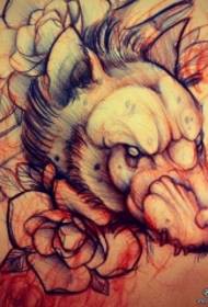 Manoscritto del modello del tatuaggio europeo e americano della scuola del fiore della testa di lupo