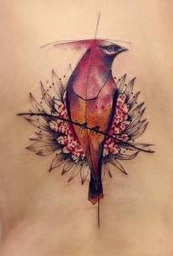 Zpět barevný pták s velkým květinovým vzorem tetování