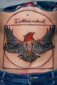 Abdomen illustration style various geometric figures and letters bird tattoo pattern