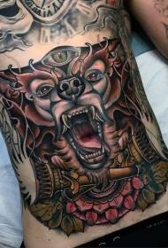Abdomen spectaculoasă colorată de câini de diavol colorat și model de tatuaje de flori