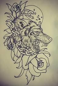 Ang ulo sa lobo sa eskuylahan sa Europa ug Amerikano nga linya sa manuskrito nga pattern sa tattoo sa linya