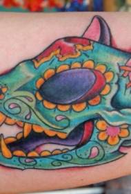 メキシコ風色の猫の頭蓋骨の花の大きな腕のタトゥーパターン