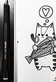 Цртана мала свјежа мачка и риба тетоважа рукопис тетоважа