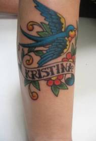 Modello di tatuaggio fiore di rondine e lettera dipinta vecchia scuola