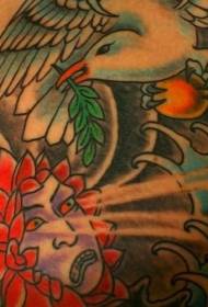 일본식 꽃 악마와 비둘기 문신 패턴 그린