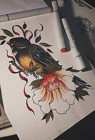 Szkolny ptak piwonia kwiat tatuaż rękopis
