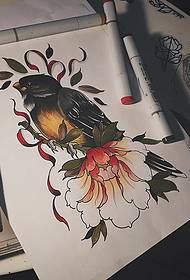 Manoscritto tatuaggio scuola uccello peonia fiore