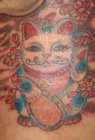 Padrão de tatuagem de flor de gato da sorte vermelho e azul